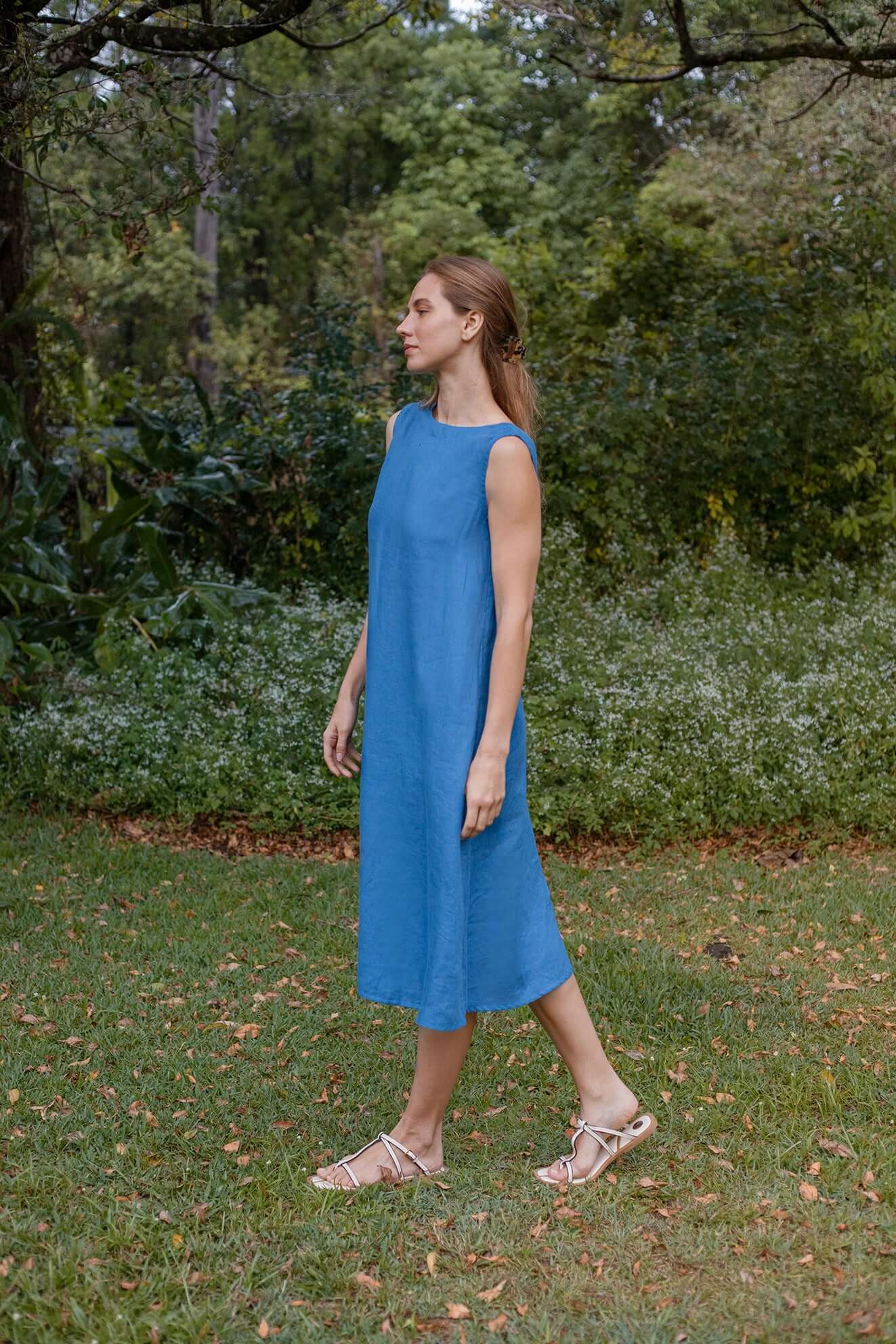 Cynthia Linen Dress Element Blue – with reversible neckline – Kelsey  Collective