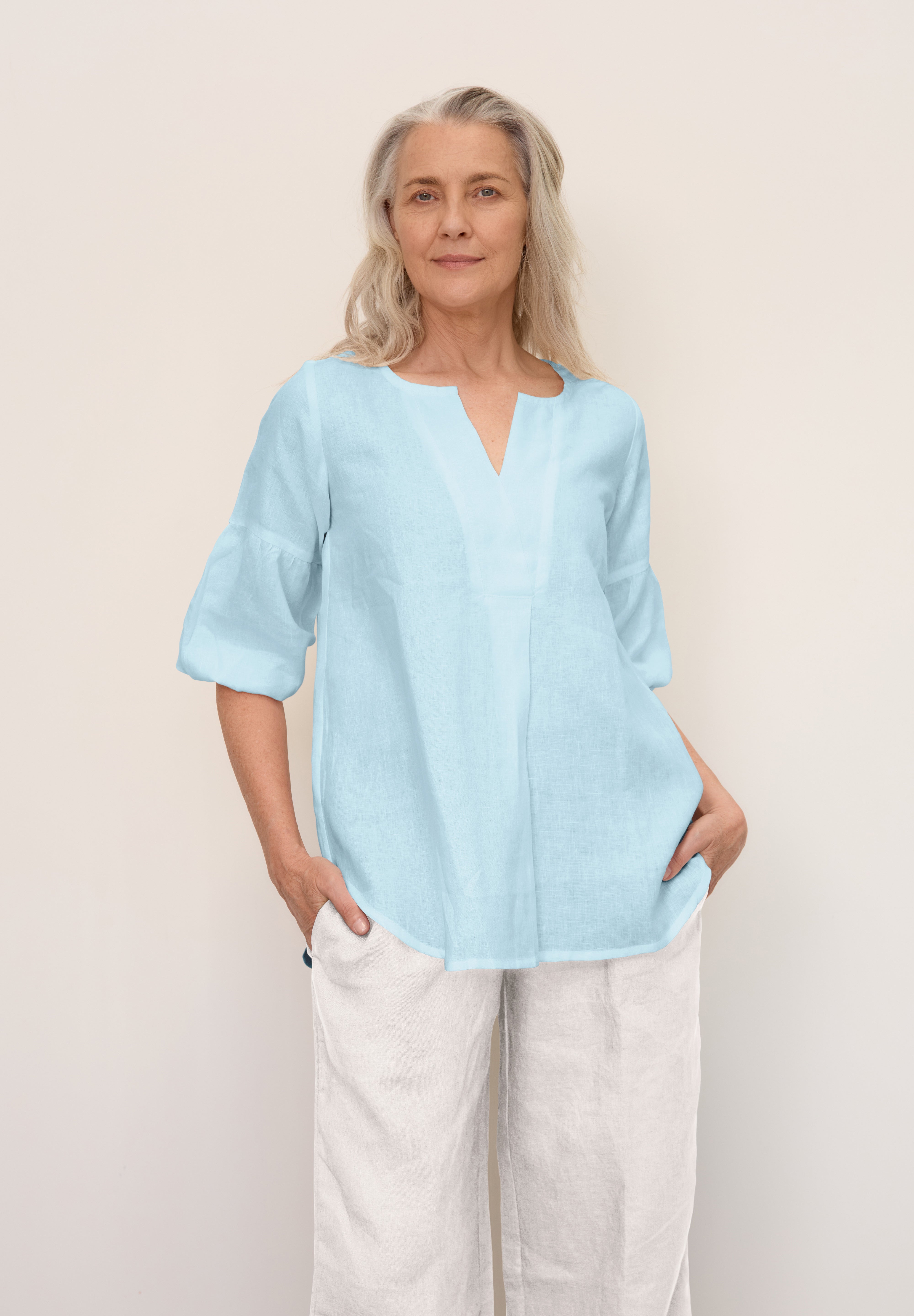 Model wears Clancy Linen Top Sea