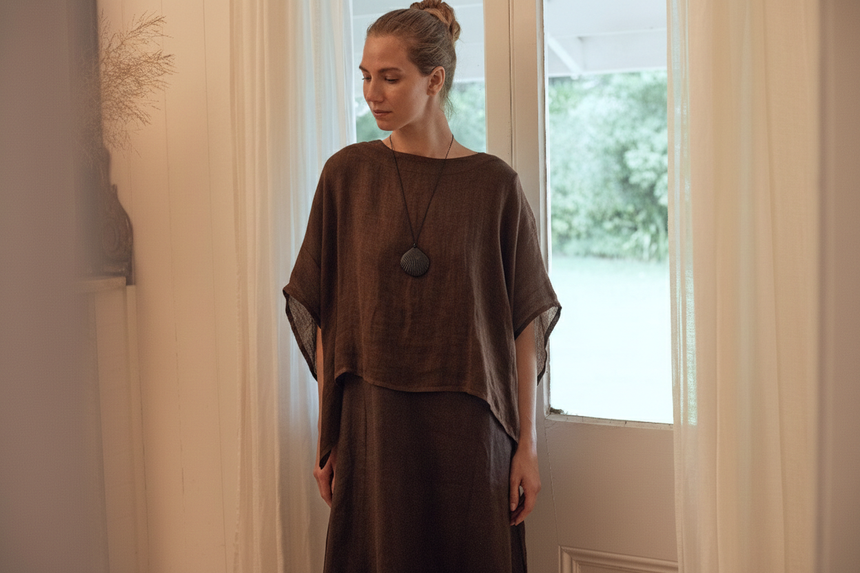 Model wearing a stylish outfit in an airy room featuring Newly Arrived Linen collection.