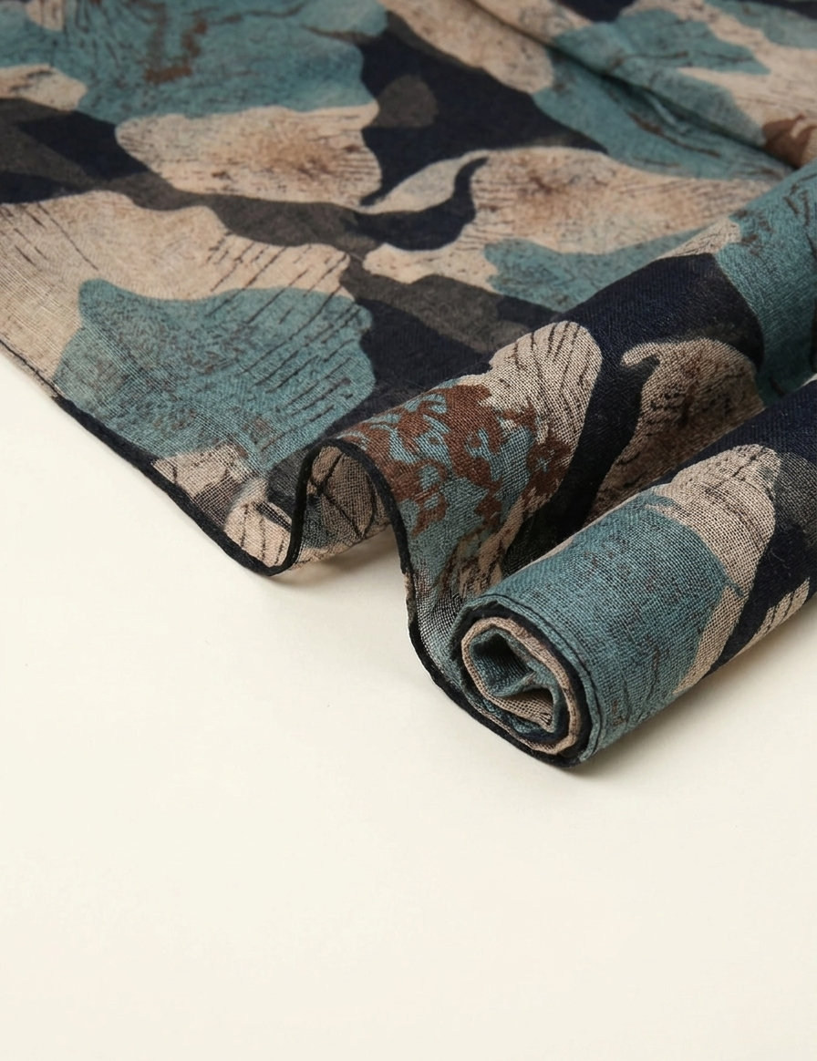 linen scarf with blue detail worn by a women pairing the scarf with a navy blue linen top
