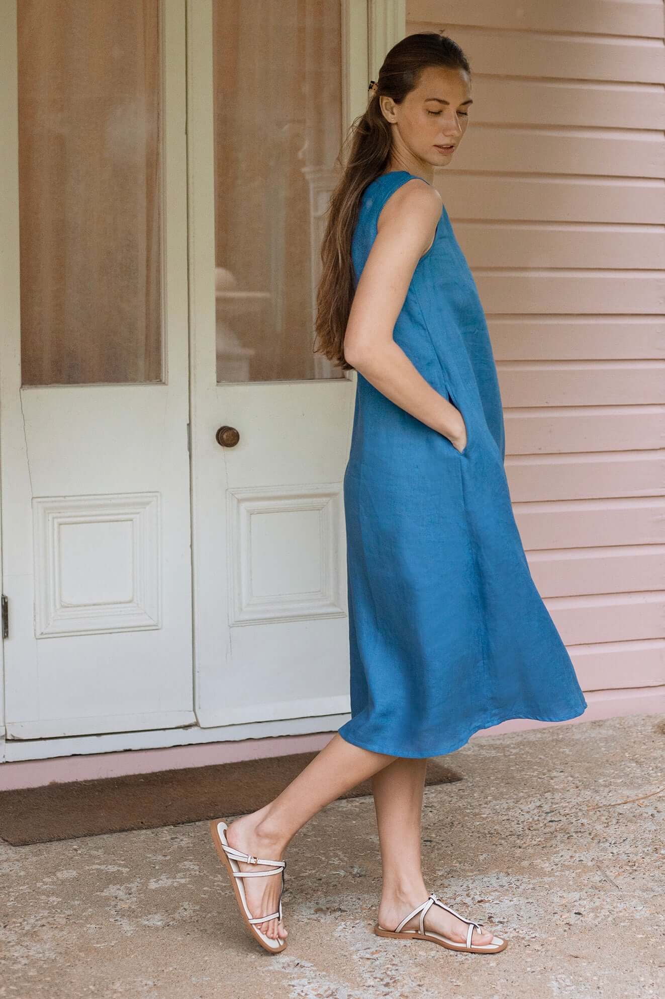 Cynthia Linen Dress Element Blue with reversible neckline Kelsey Collective Cynthia Linen Dress Element Blue with reversible neckline Kelsey Collective