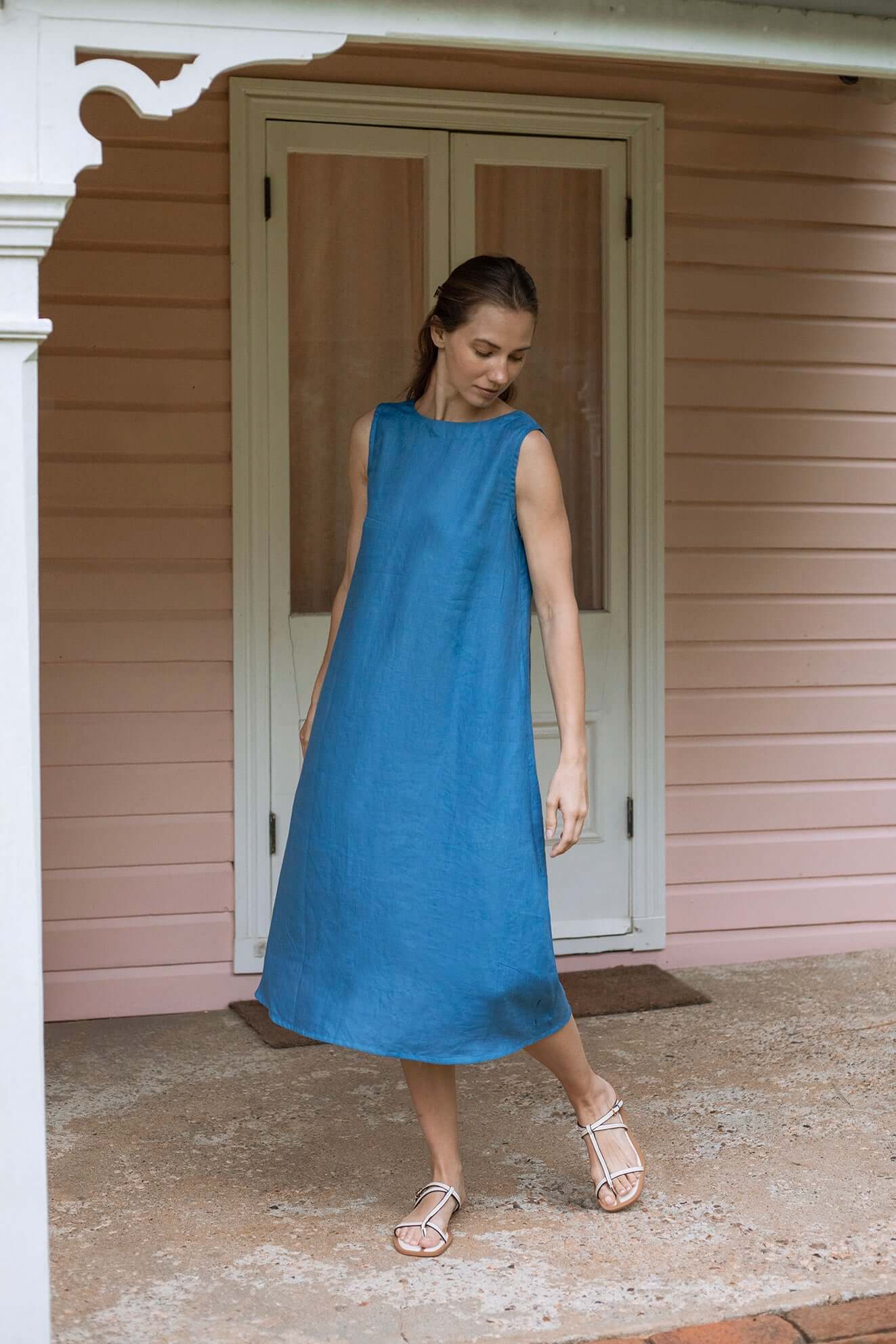 Cynthia Linen Dress Element Blue with reversible neckline Kelsey Collective Cynthia Linen Dress Element Blue with reversible neckline Kelsey Collective