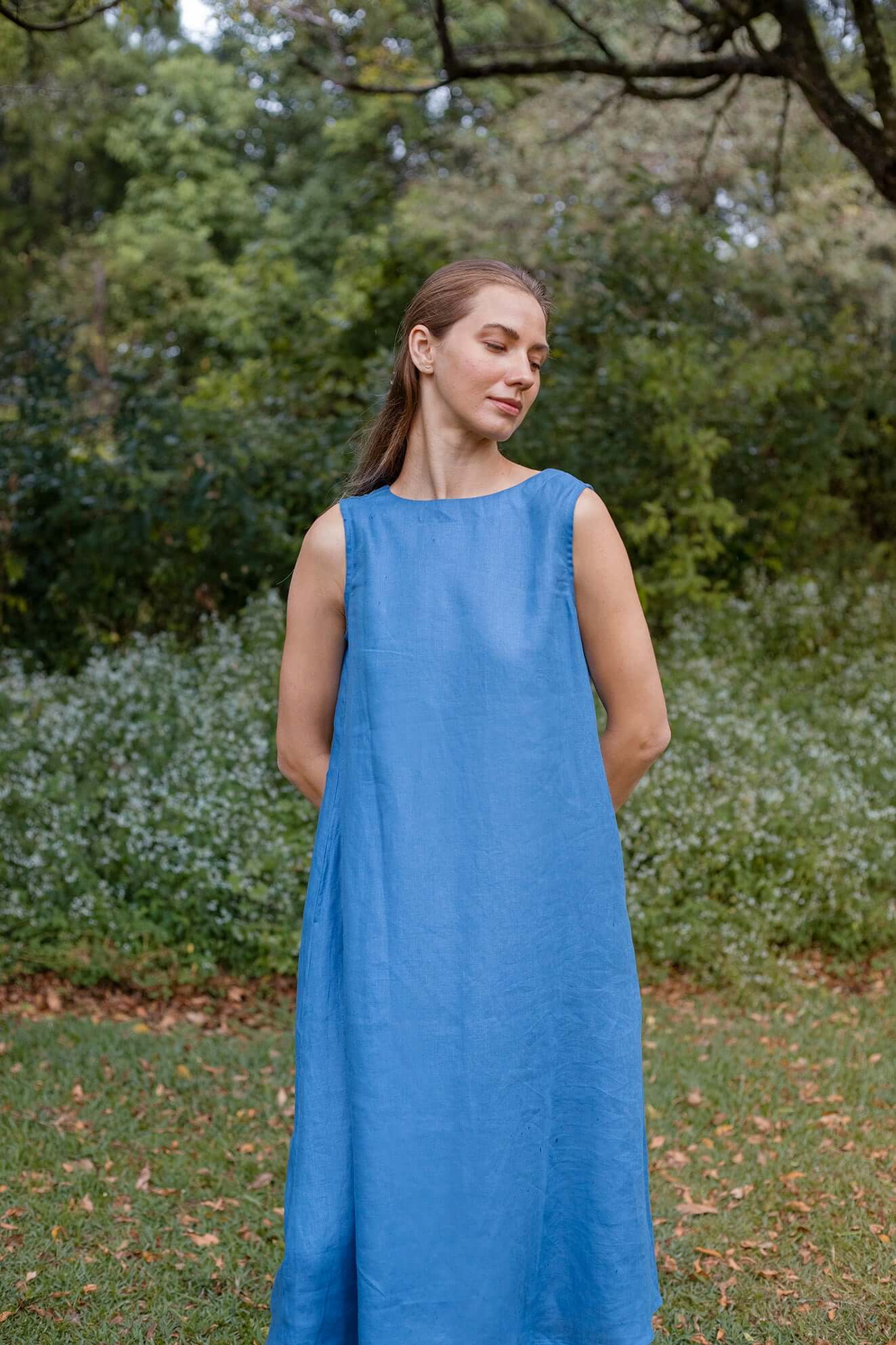 Cynthia Linen Dress Element Blue with reversible neckline Kelsey Collective Cynthia Linen Dress Element Blue with reversible neckline Kelsey Collective