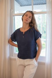 Zoe Linen Top Navy