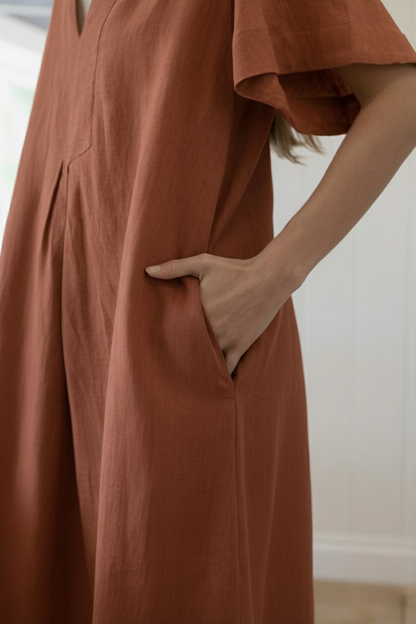 Close-up of the Charlotte Linen Dress Bark featuring pockets and elegant sleeve design.