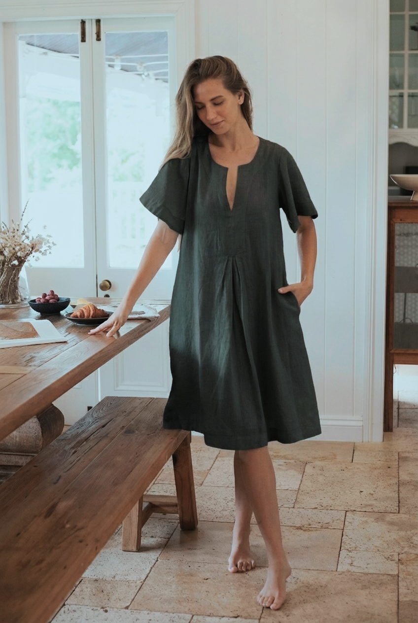 Model wearing Charlotte Linen Dress Charcoal, showcasing effortless elegance with a sleeve.