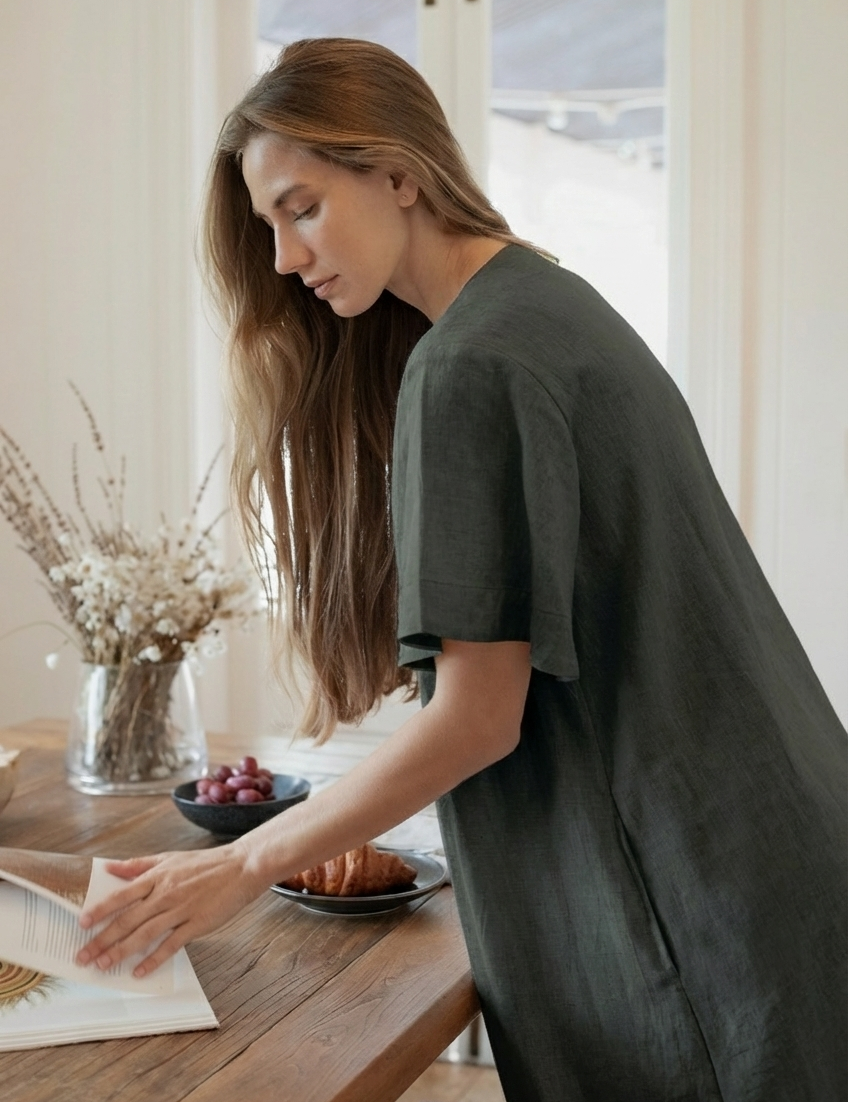 Model wearing Charlotte Linen Dress Charcoal, showcasing effortless elegance with a sleeve.