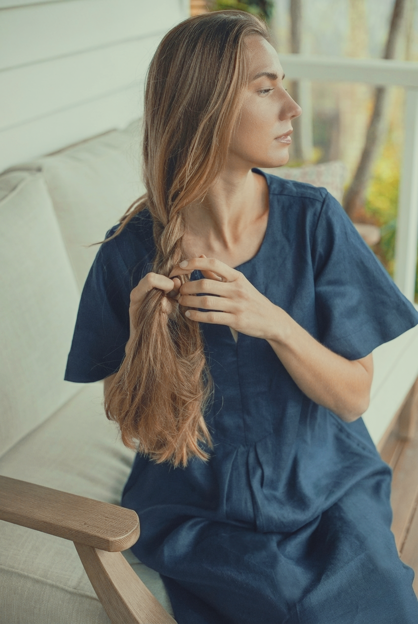 Model wearing the Charlotte Linen Dress Navy, showcasing elegant design and style.