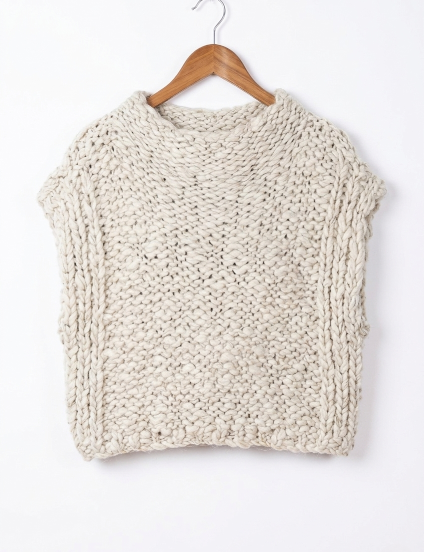 Harper Natural Textured Knit Vest on a hanger, showcasing a cozy, neutral-toned design with a chunky texture.