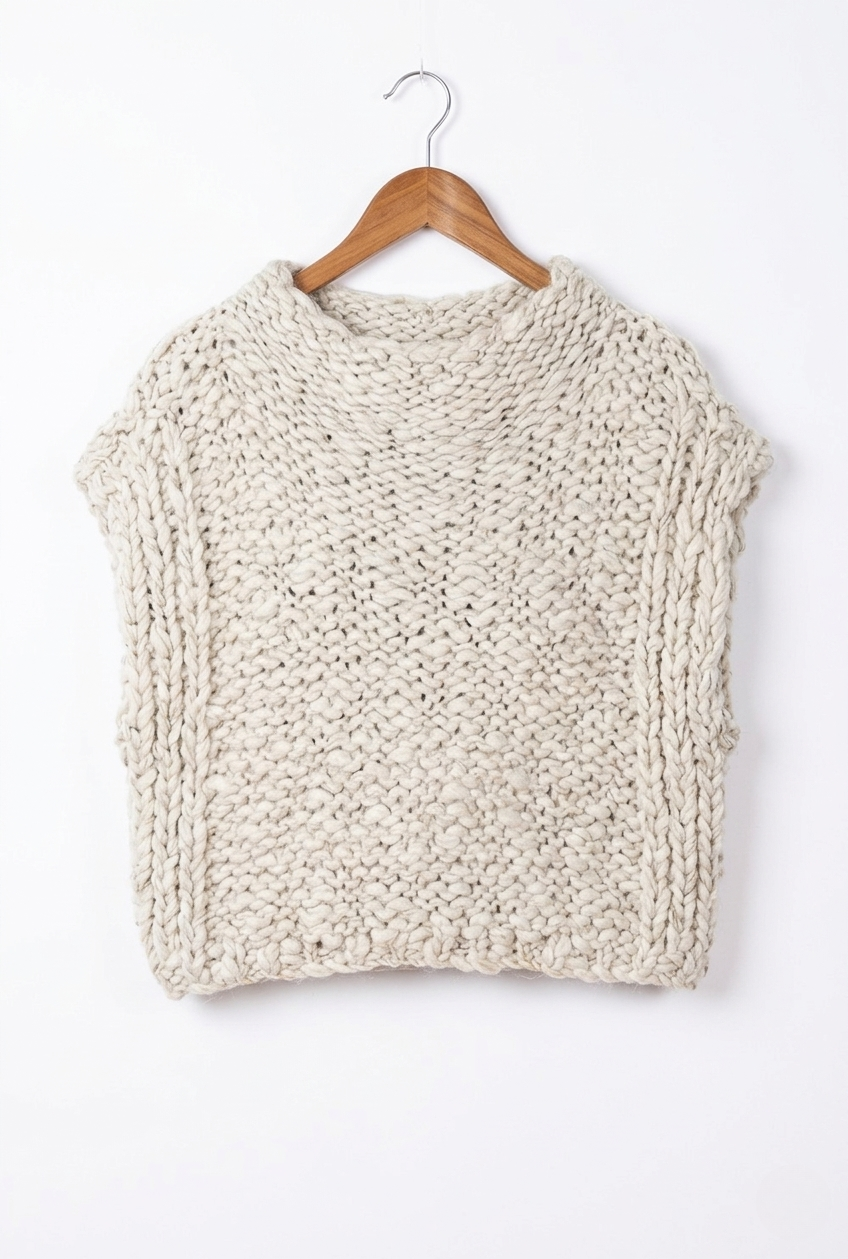 Harper Natural Textured Knit Vest on a hanger, showcasing a cozy, neutral-toned design with a chunky texture.