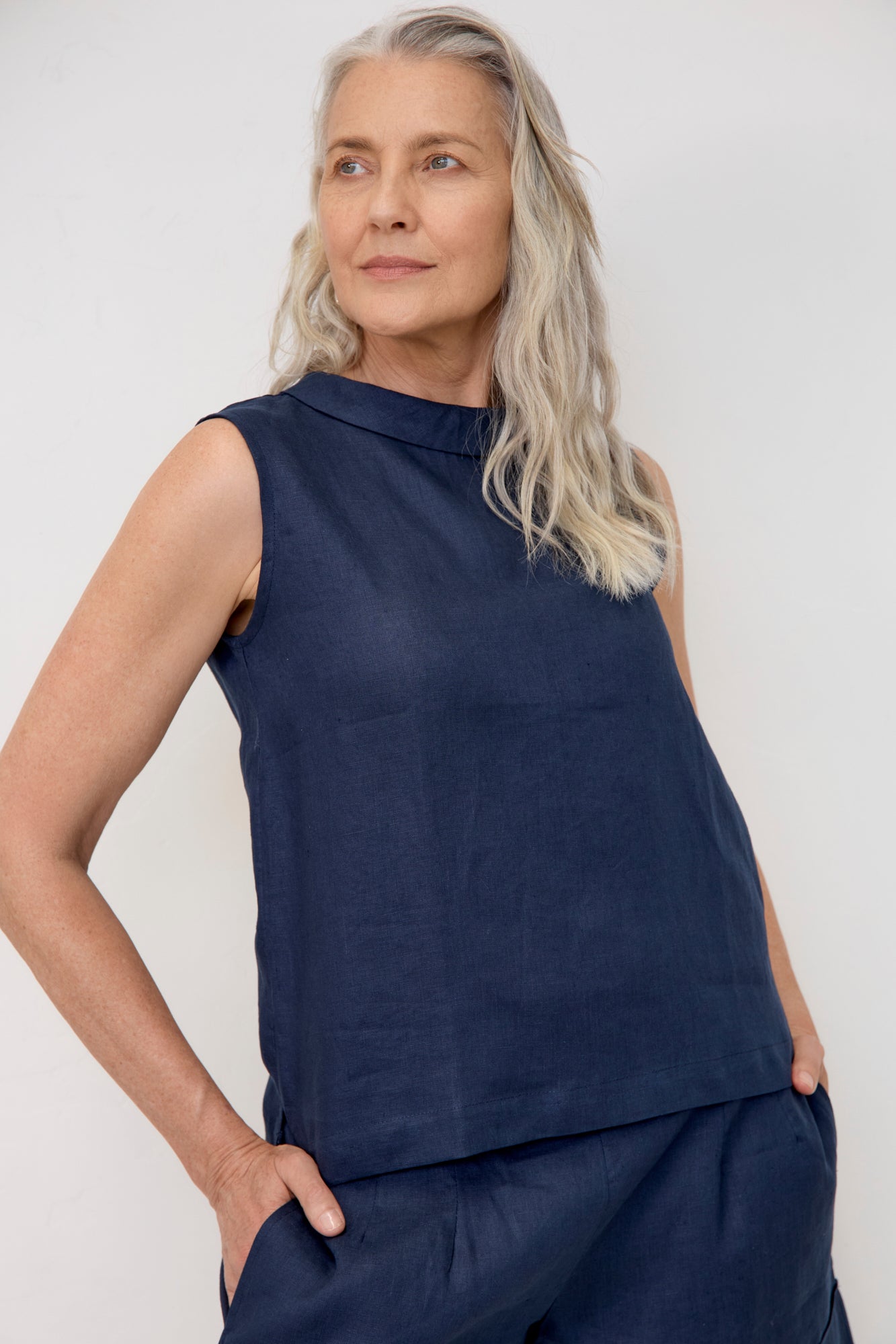 Celine Linen Top Navy
