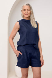 Celine Linen Top Navy