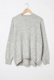 Marlo Wool Blend Jumper Dove Grey displayed on a hanger showcasing its soft knit texture and relaxed style.