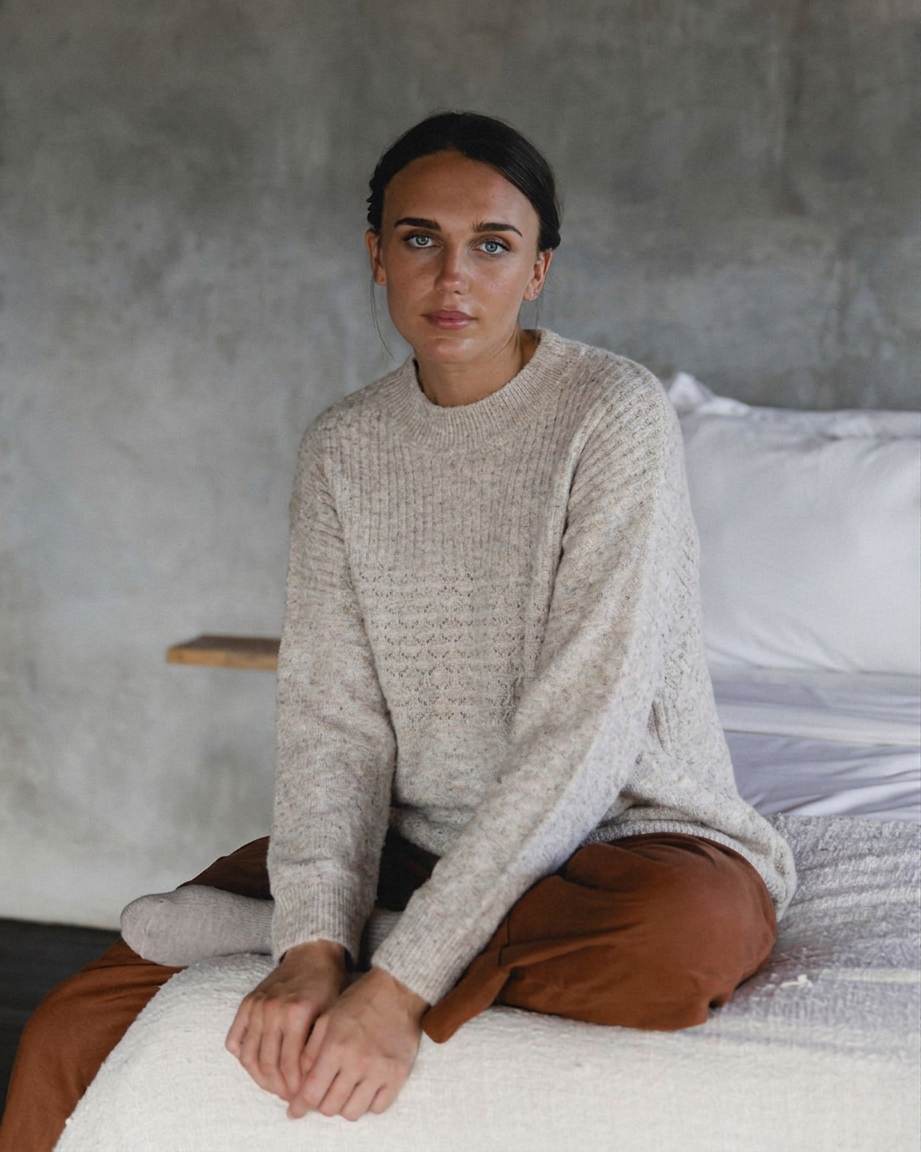 Marlo Wool Blend Jumper Soft Stone worn by a model, showcasing a cozy knit design in a soft stone color.