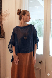 Camilla Linen Gauze Top Navy