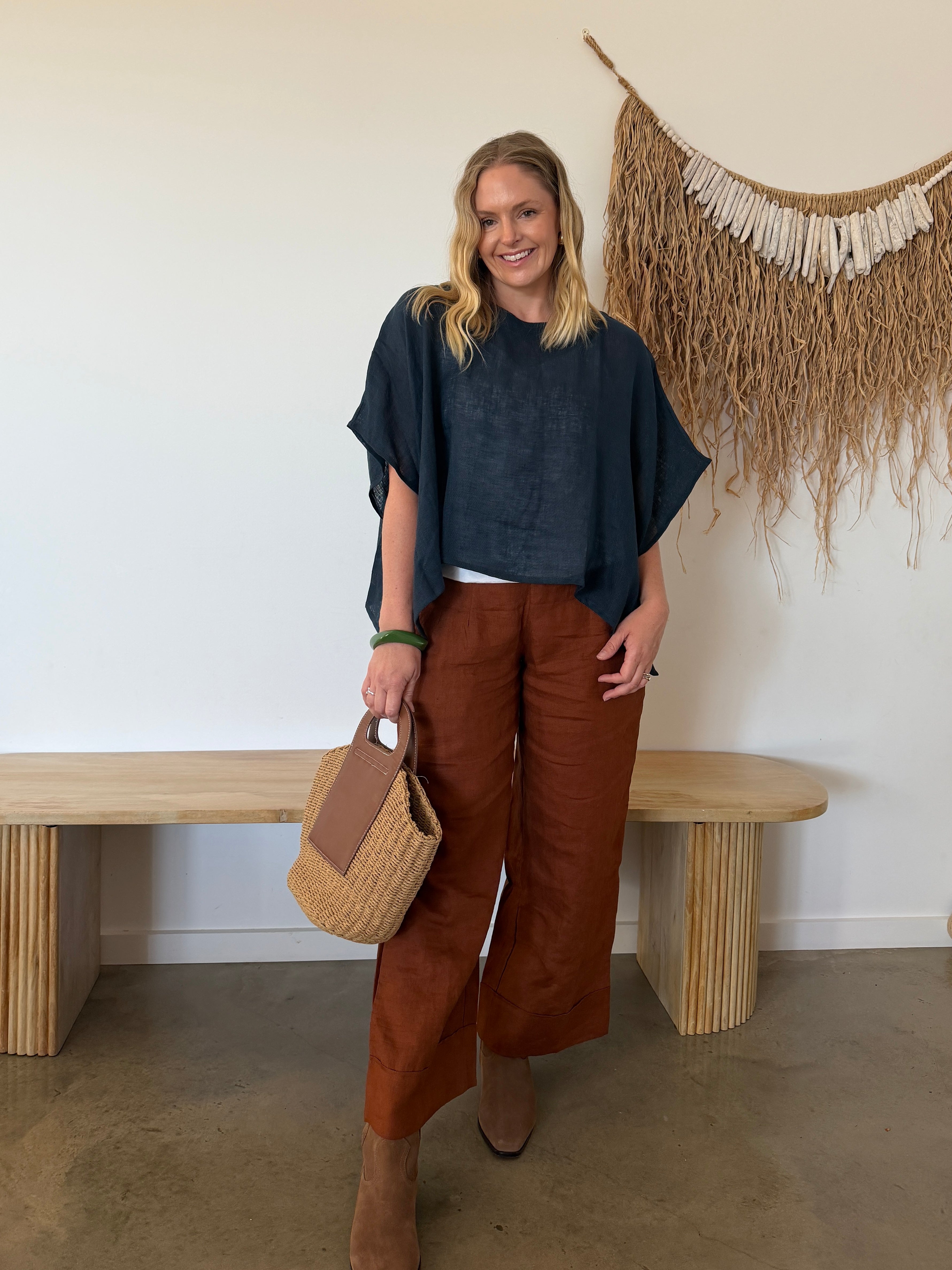 Camilla Linen Gauze Top Navy