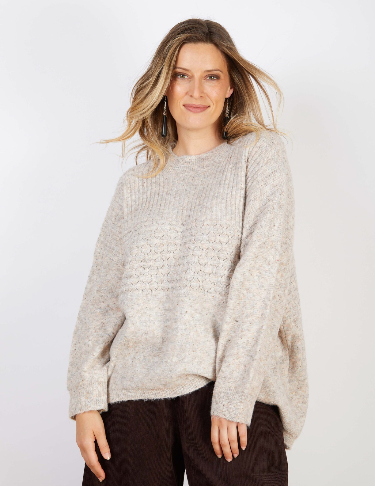 Marlo Wool Blend Jumper Soft Stone in soft stone marle, showcasing a relaxed fit and cozy knit texture.