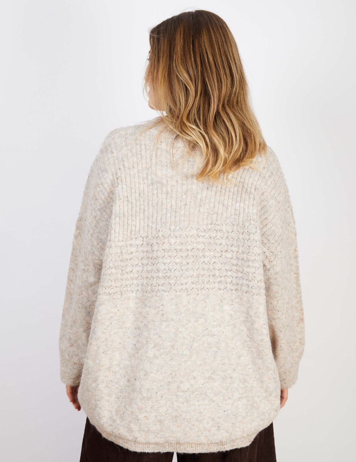 Back of the Marlo Wool Blend Jumper Soft Stone in soft stone marle, showcasing a relaxed fit and cozy knit texture.