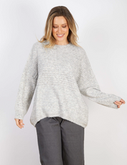 Marlo Wool Blend Jumper Dove Grey on model, showcasing its soft knit texture and relaxed style perfect for cooler months.