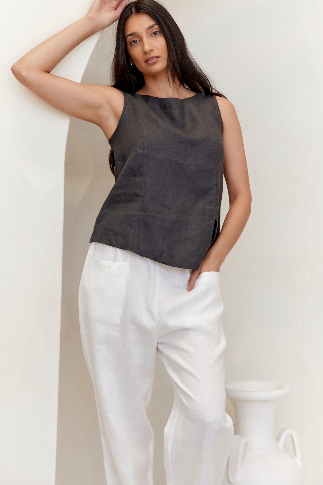 Shell Linen Top Charcoal