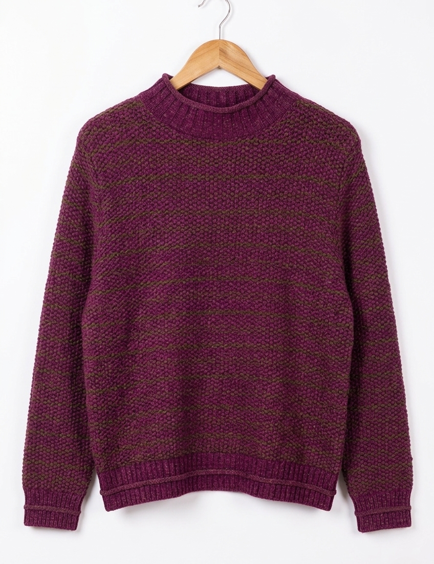 Willow Deep Plum Cotton Blend Jumper hanging on a hanger, showcasing a rich deep plum hue and textured knit design.