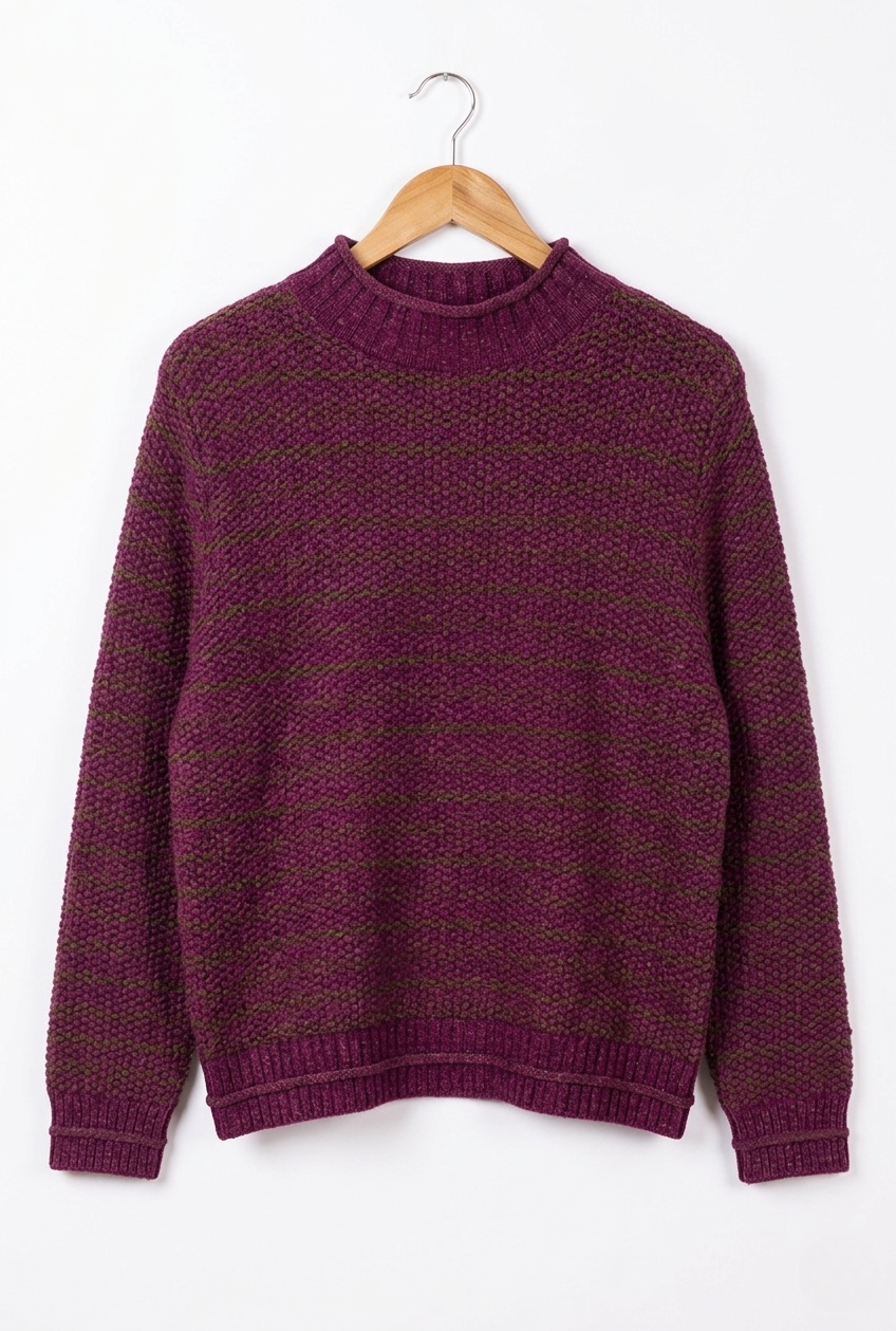 Willow Deep Plum Cotton Blend Jumper hanging on a hanger, showcasing a rich deep plum hue and textured knit design.