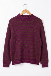 Willow Deep Plum Cotton Blend Jumper hanging on a hanger, showcasing a rich deep plum hue and textured knit design.
