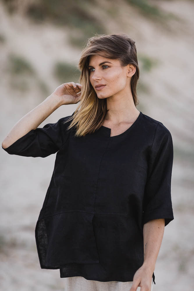 Adele Linen Top Black