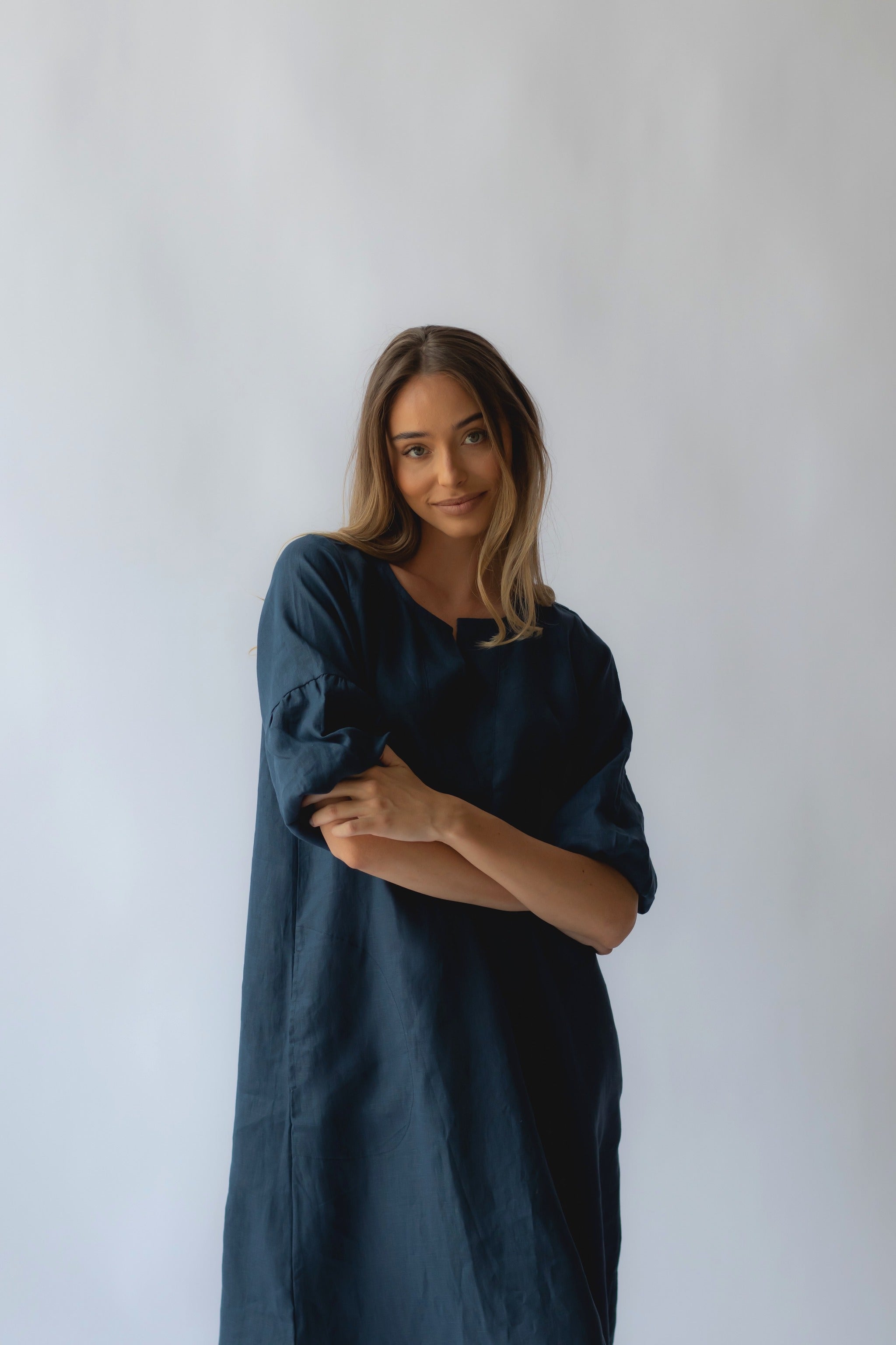 Claudette Linen Dress Navy